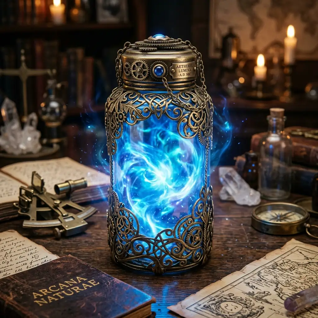 Glowing glass vial in brass filigree with blue aether energy