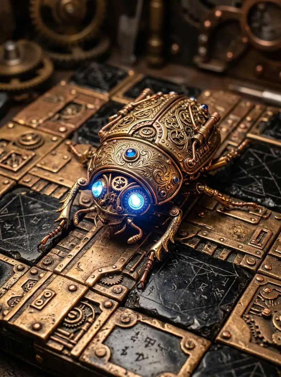 Ornate brass scarab beetle on grid