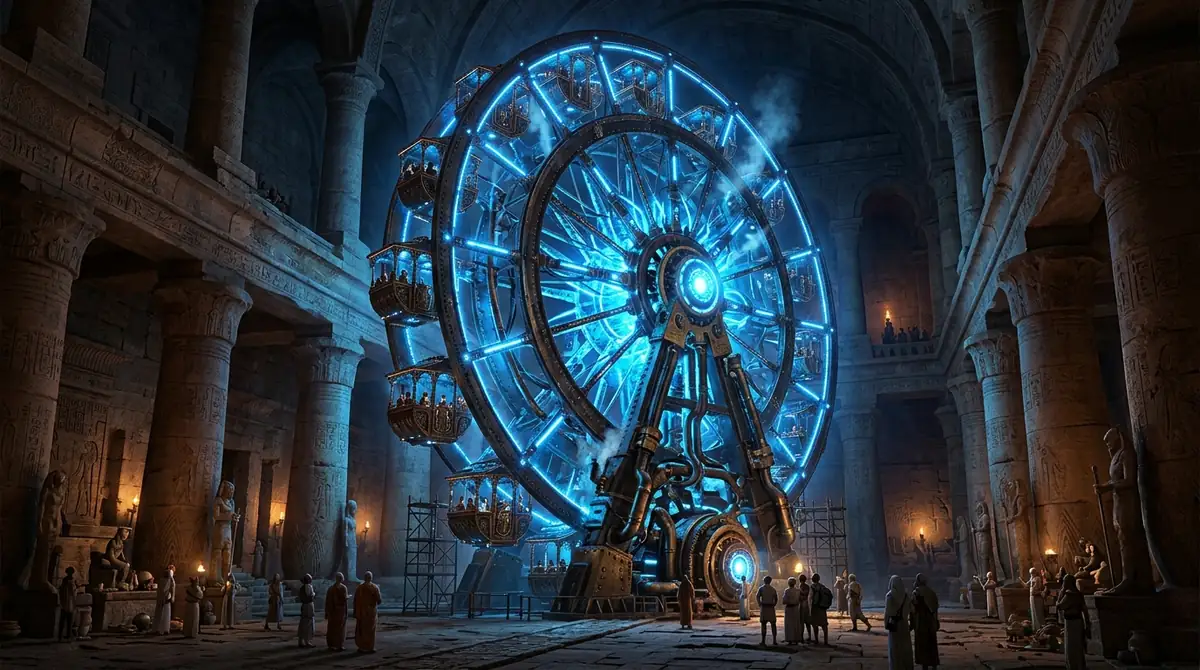 Massive carnival-style wheel of iron and brass