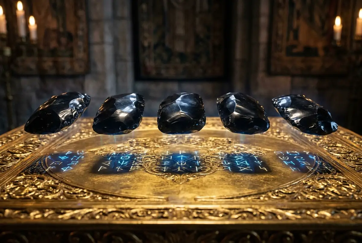 Polished black obsidian stone tablets floating