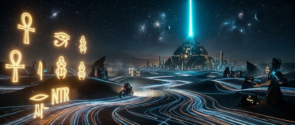 Digital desert with glowing pyramid