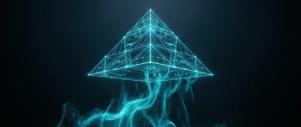A vast glowing obsidian pyramid floating in a starless nebula