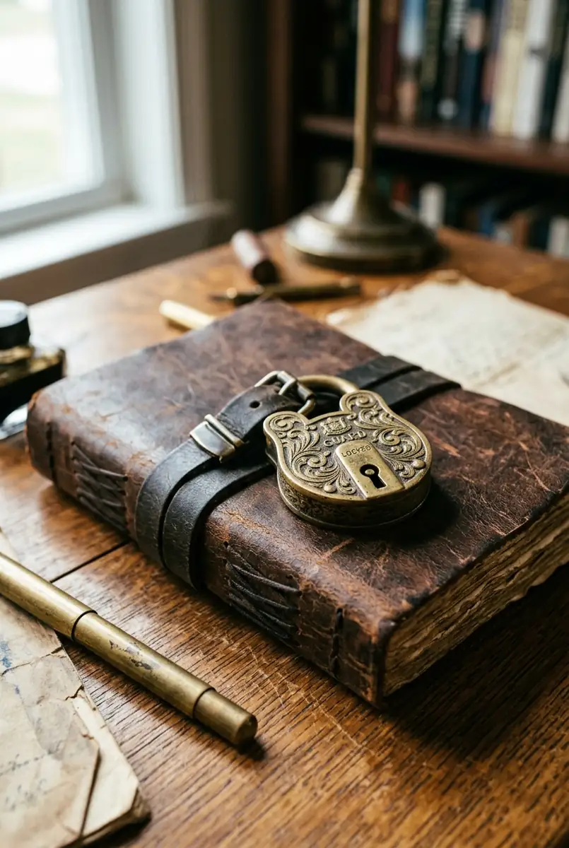 Brass padlock securing a leather journal